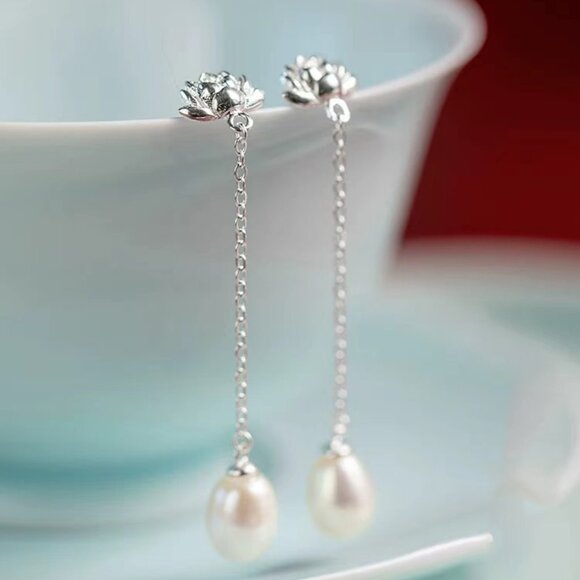 Genuine Freshwater Pearl Earrings Studs 925 Sterling Silver Long Earrings - Picture 9 of 9